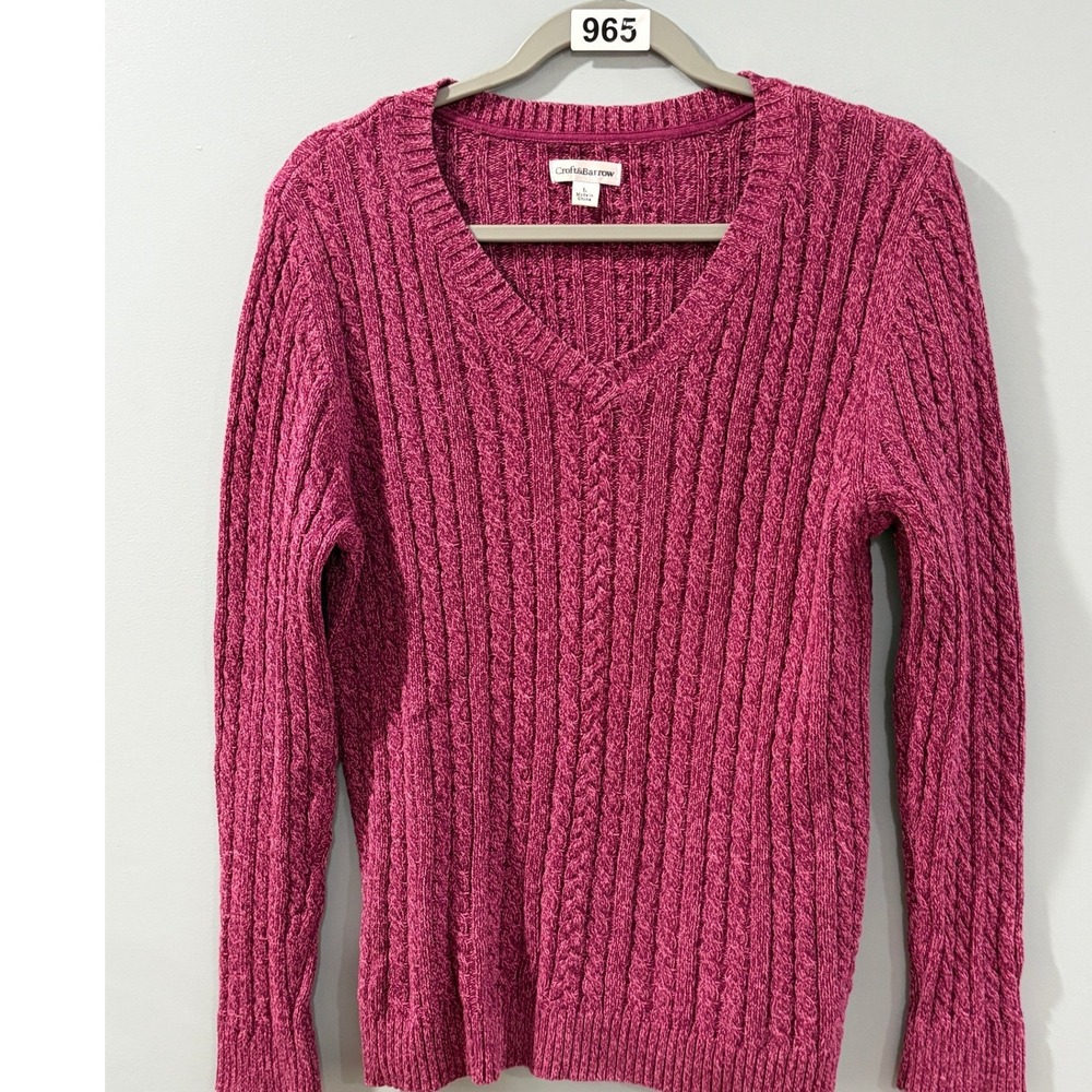 Croft & Barrow Womens Magenta Pink Cable Knit V-Neck Cotton Sweater Large